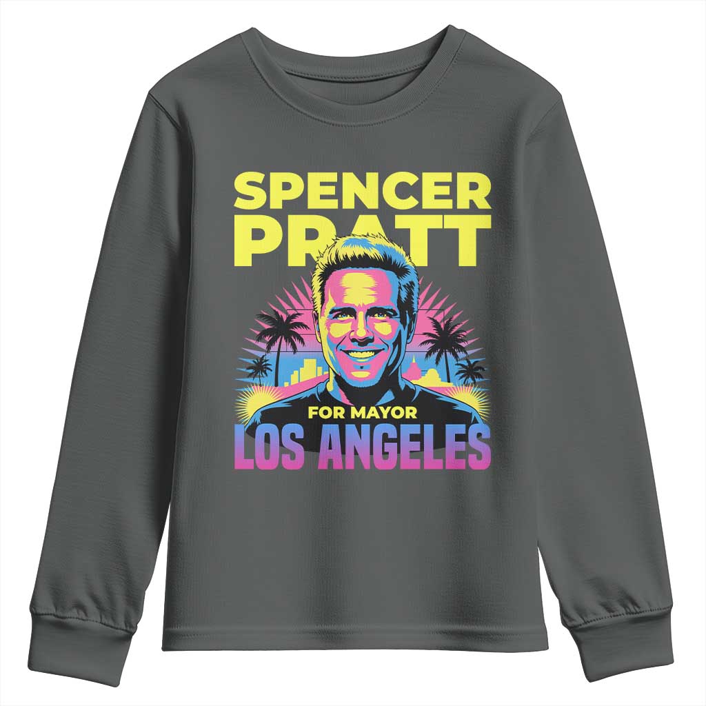 Spencer Pratt for Mayor Los Angeles Synthwave Graphic Youth Sweatshirt Retro Neon California Supporter TS02 Dark Heather Print Your Wear