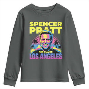 Spencer Pratt for Mayor Los Angeles Synthwave Graphic Youth Sweatshirt Retro Neon California Supporter TS02 Dark Heather Print Your Wear