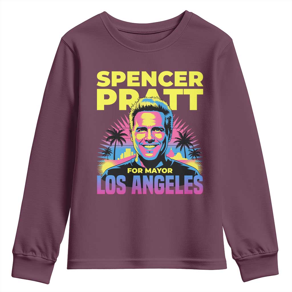Spencer Pratt for Mayor Los Angeles Synthwave Graphic Youth Sweatshirt Retro Neon California Supporter TS02 Maroon Print Your Wear