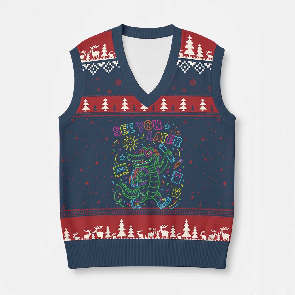 See You Later Alligator Last Day Of School V-Neck Knit Sweater Vest Cute Neon Chalkboard Kindergarten Graduation TS02 Navy Red Print Your Wear