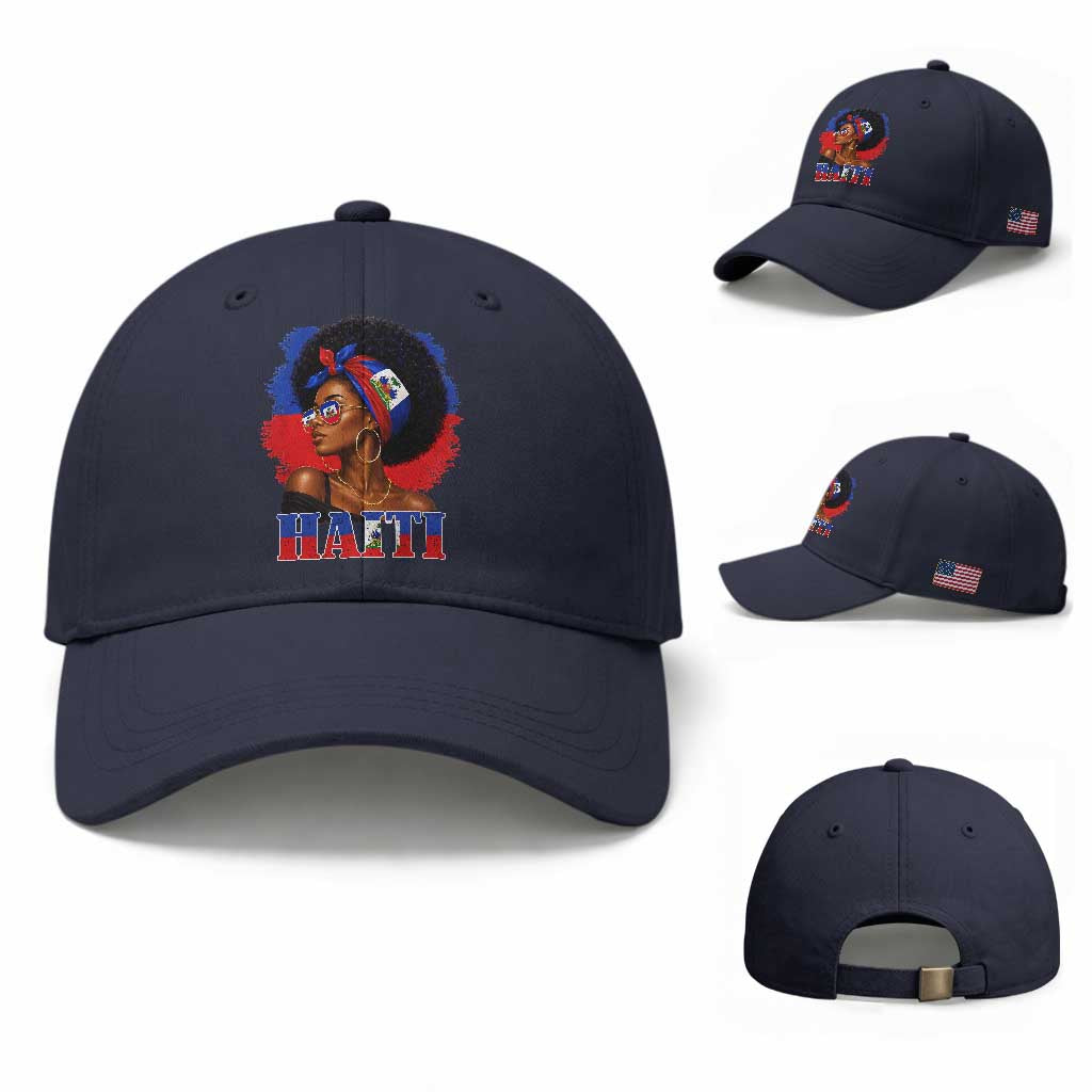 Haitian Queen Afro Melanin Graphic Baseball Cap Haiti Flag Heritage Pride TS02 Baseball Cap Universal Fit Navy Print Your Wear