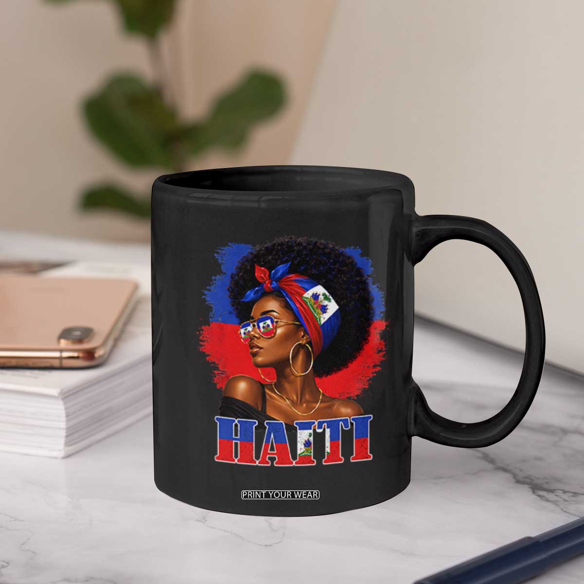 Haitian Queen Afro Melanin Graphic Coffee Mug Haiti Flag Heritage Pride TS02 Print Your Wear
