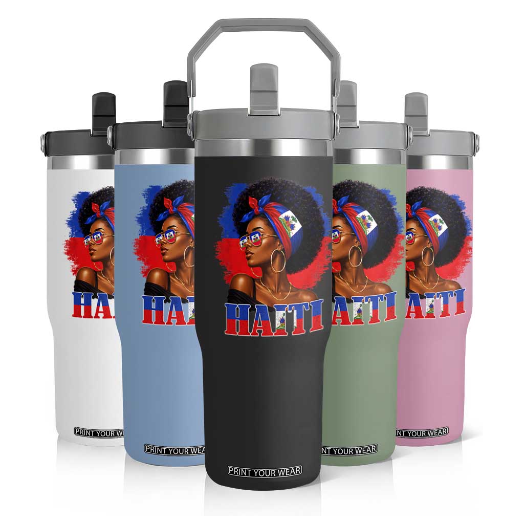 Haitian Queen Afro Melanin Graphic Flip Straw Tumbler Haiti Flag Heritage Pride TS02 Print Your Wear