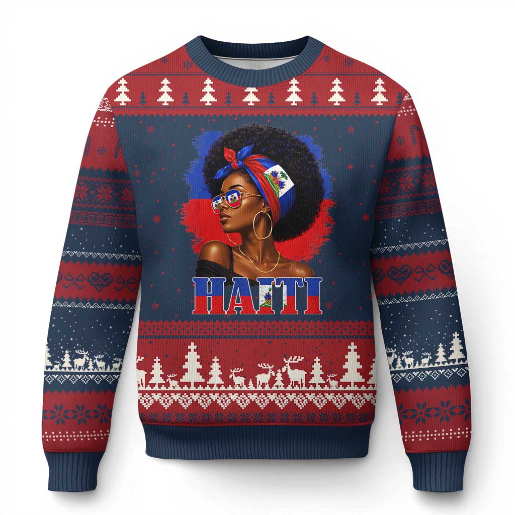Haitian Queen Afro Melanin Graphic Ugly Christmas Sweater Haiti Flag Heritage Pride TS02 Navy Red Print Your Wear