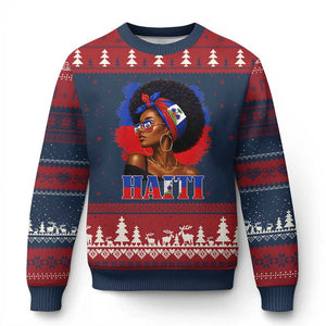 Haitian Queen Afro Melanin Graphic Ugly Christmas Sweater Haiti Flag Heritage Pride TS02 Navy Red Print Your Wear