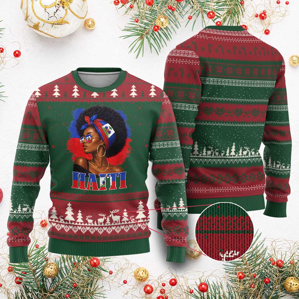 Haitian Queen Afro Melanin Graphic Ugly Christmas Sweater Haiti Flag Heritage Pride TS02 Red Green Print Your Wear