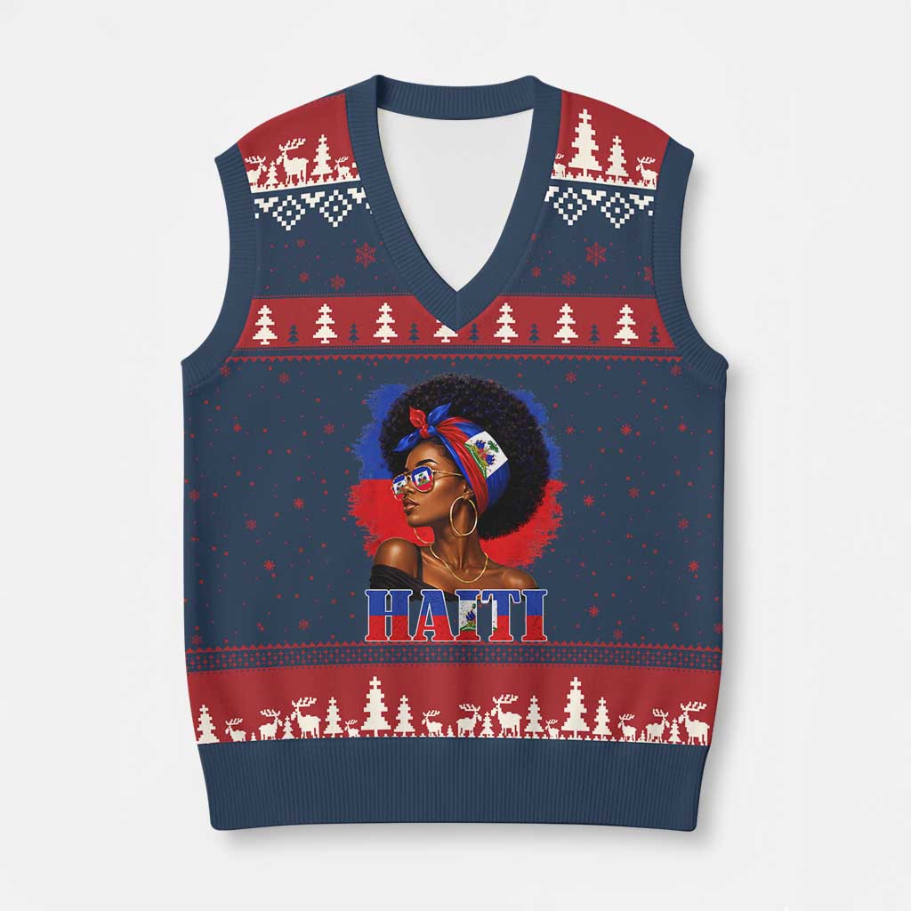 Haitian Queen Afro Melanin Graphic V-Neck Knit Sweater Vest Haiti Flag Heritage Pride TS02 Navy Red Print Your Wear