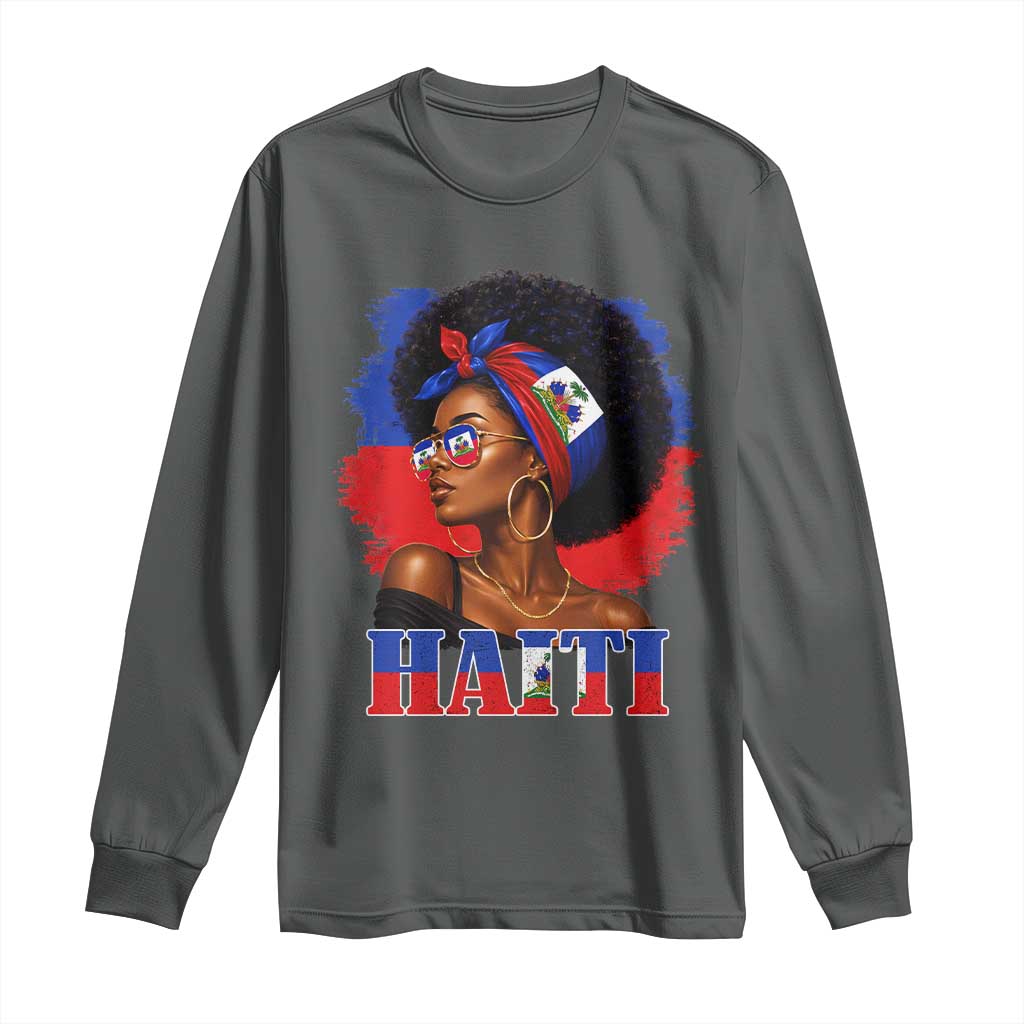 Haitian Queen Afro Melanin Graphic Long Sleeve Shirt Haiti Flag Heritage Pride TS02 Dark Heather Print Your Wear