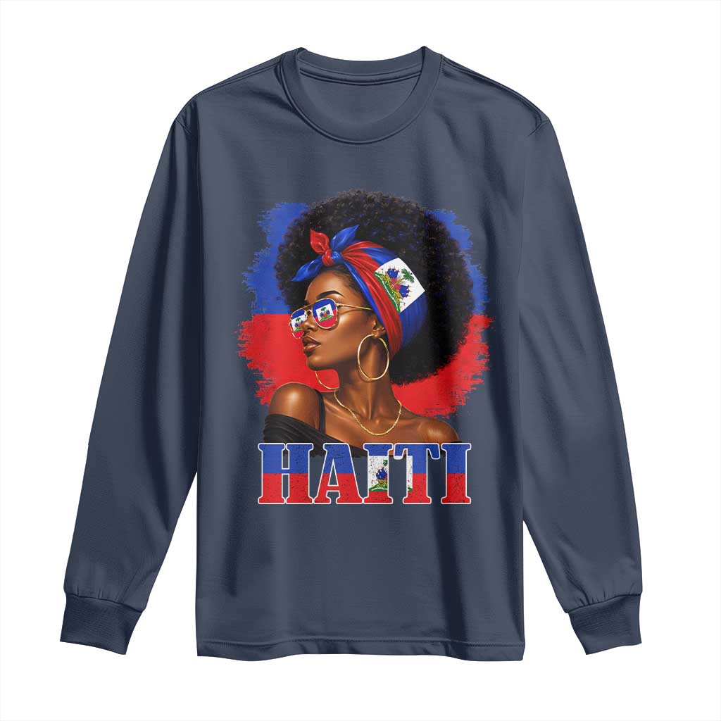 Haitian Queen Afro Melanin Graphic Long Sleeve Shirt Haiti Flag Heritage Pride TS02 Navy Print Your Wear