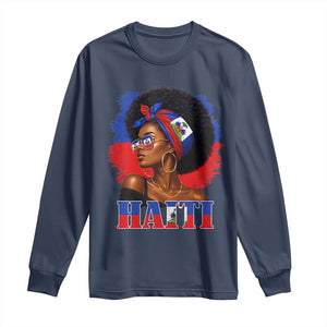 Haitian Queen Afro Melanin Graphic Long Sleeve Shirt Haiti Flag Heritage Pride TS02 Navy Print Your Wear
