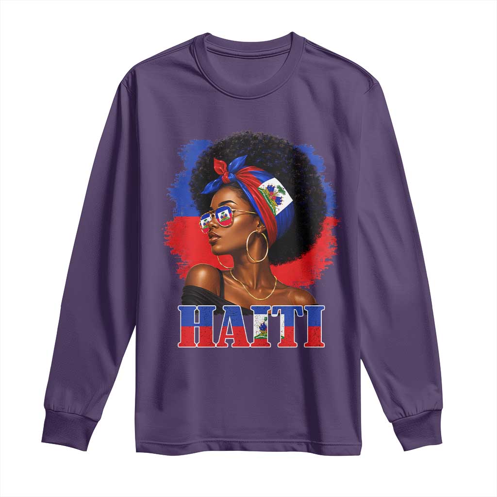 Haitian Queen Afro Melanin Graphic Long Sleeve Shirt Haiti Flag Heritage Pride TS02 Purple Print Your Wear
