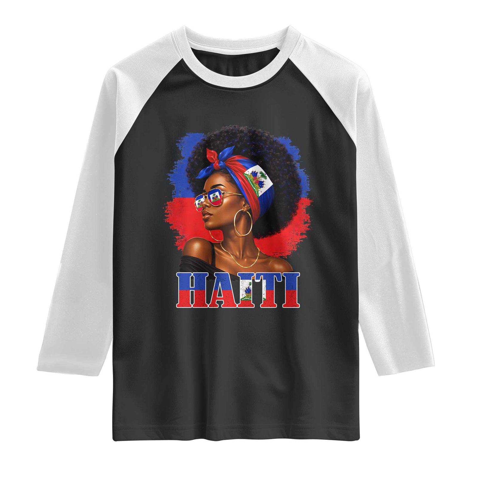 Haitian Queen Afro Melanin Graphic Raglan Shirt Haiti Flag Heritage Pride TS02 Black White Print Your Wear