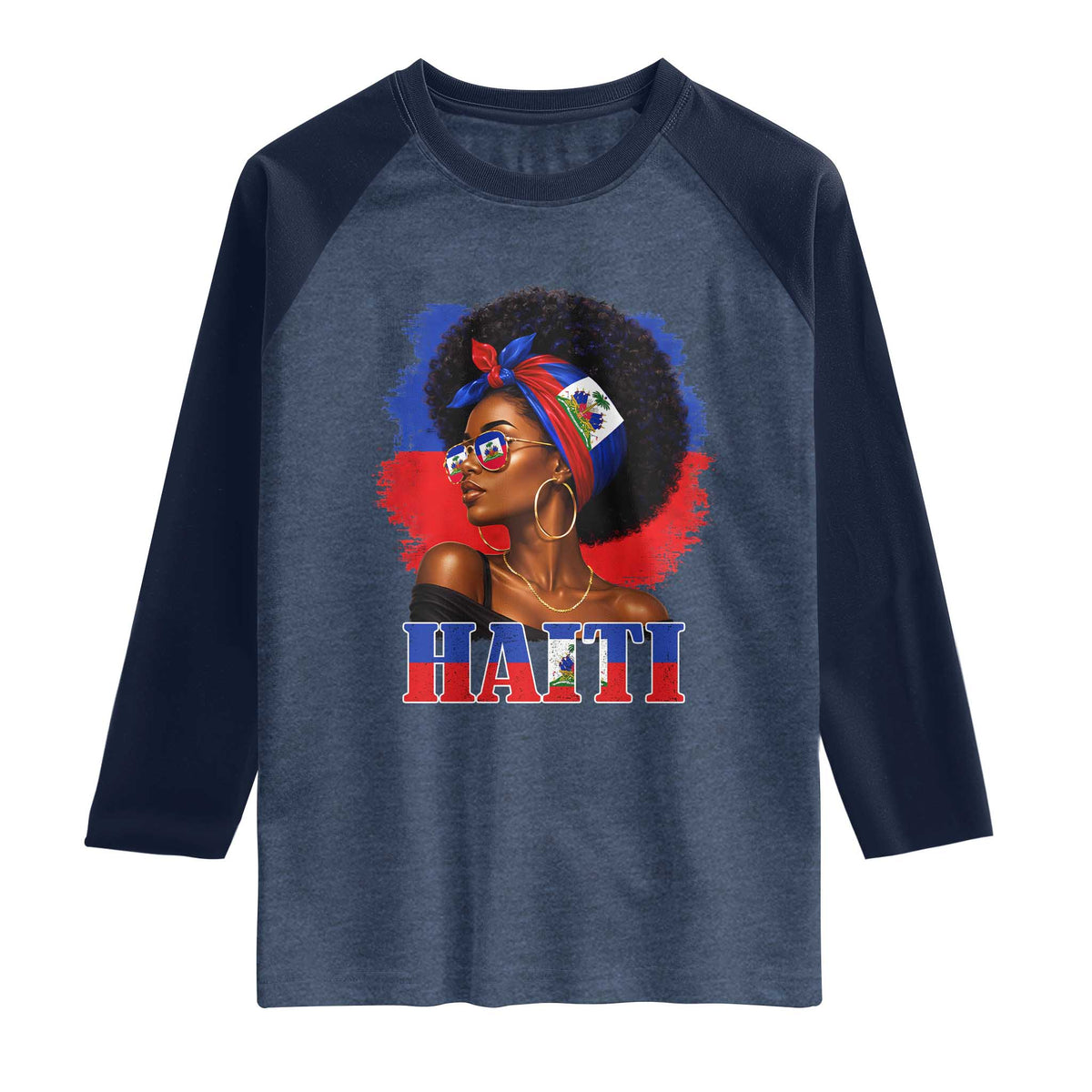 Haitian Queen Afro Melanin Graphic Raglan Shirt Haiti Flag Heritage Pride TS02 Heather Denim Navy Print Your Wear