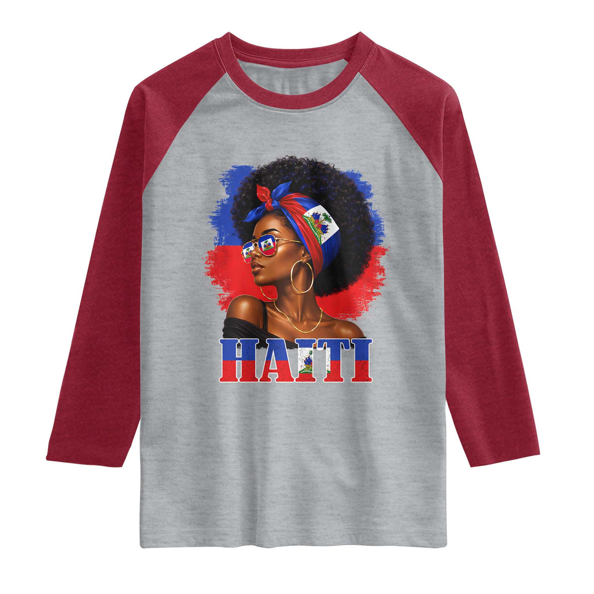 Haitian Queen Afro Melanin Graphic Raglan Shirt Haiti Flag Heritage Pride TS02 Heather Gray Heather Red Print Your Wear
