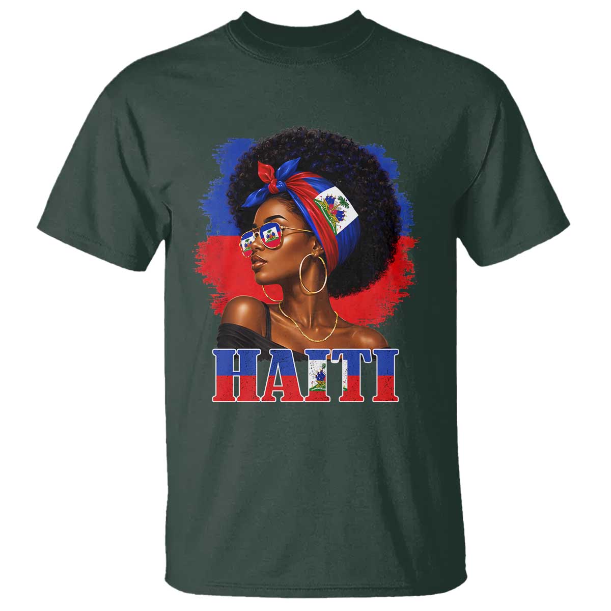 Haitian Queen Afro Melanin Graphic T Shirt Haiti Flag Heritage Pride TS02 Dark Forest Green Print Your Wear