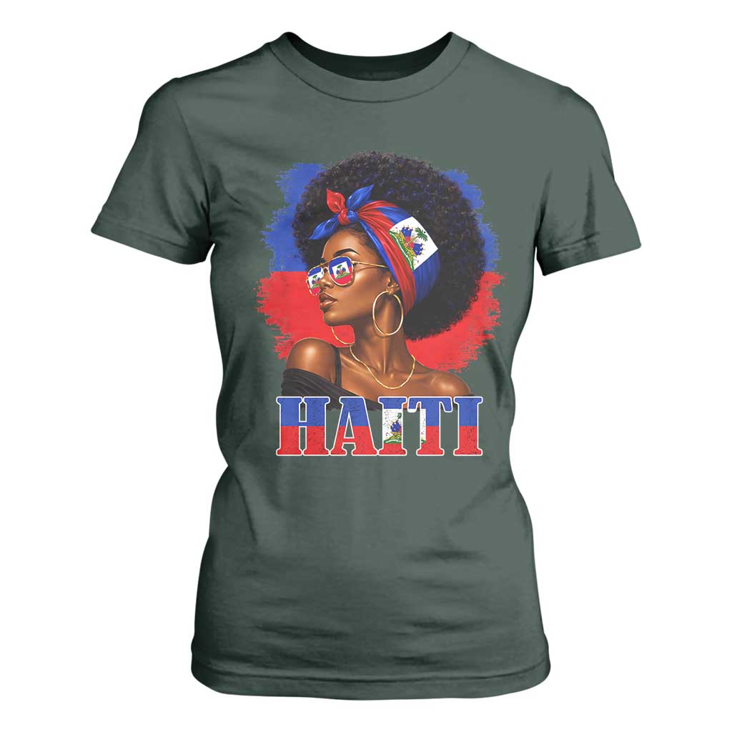 Haitian Queen Afro Melanin Graphic T Shirt For Women Haiti Flag Heritage Pride TS02 Dark Forest Green Print Your Wear