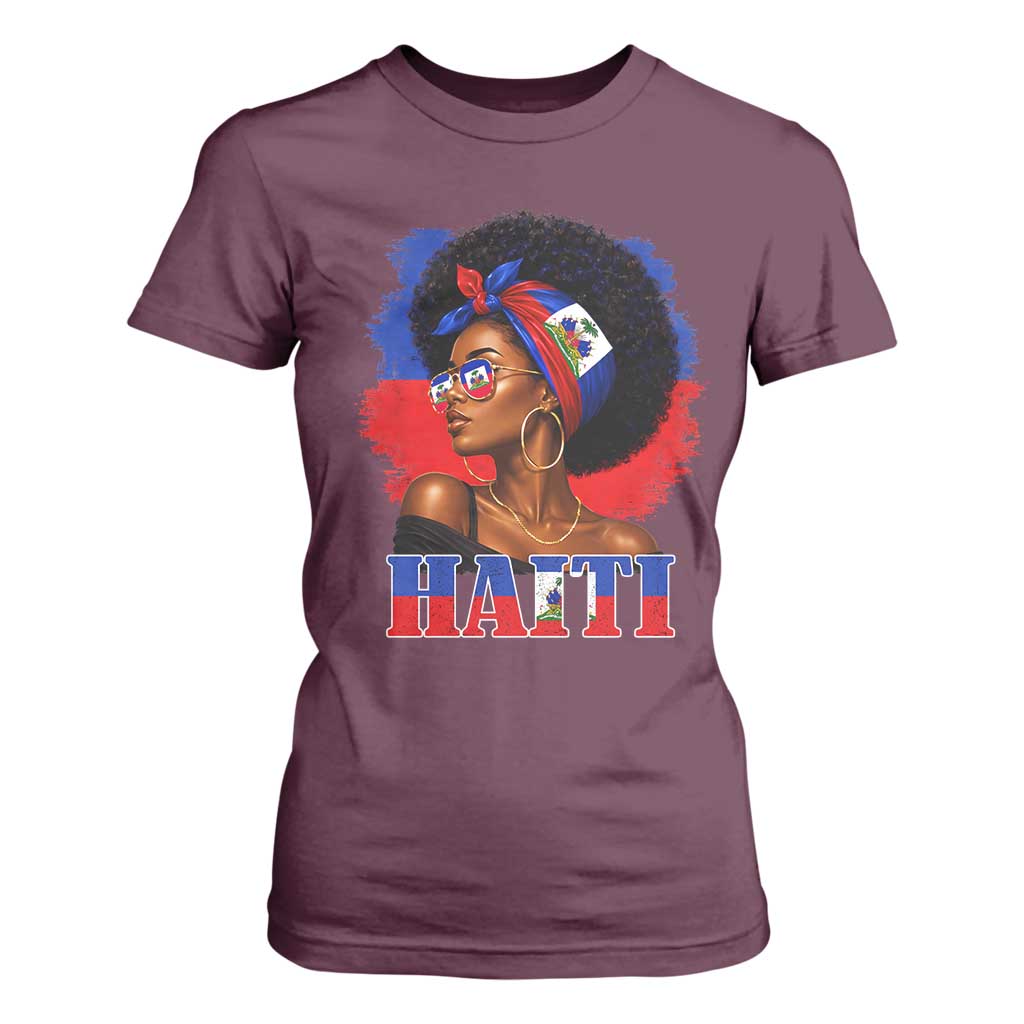 Haitian Queen Afro Melanin Graphic T Shirt For Women Haiti Flag Heritage Pride TS02 Maroon Print Your Wear