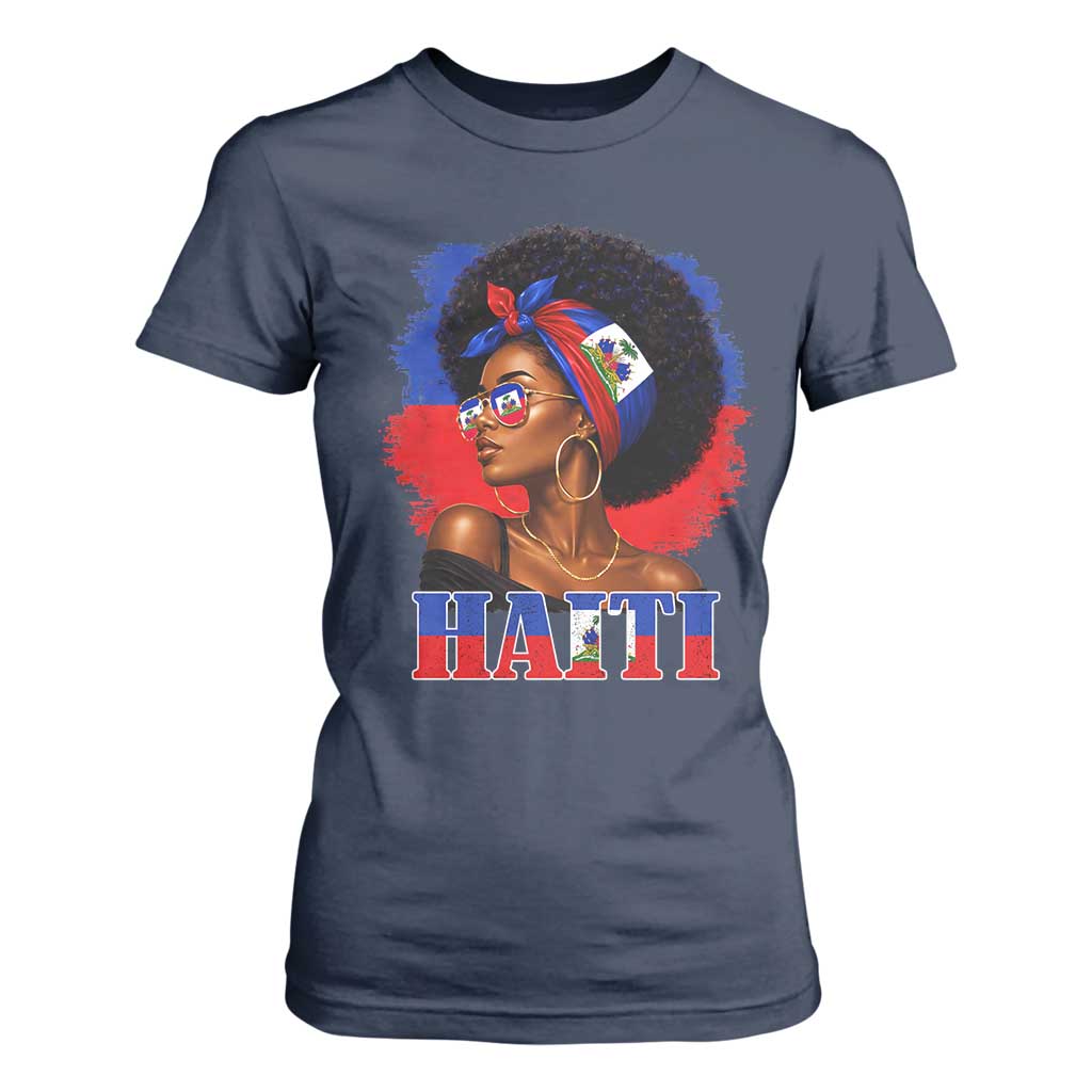 Haitian Queen Afro Melanin Graphic T Shirt For Women Haiti Flag Heritage Pride TS02 Navy Print Your Wear