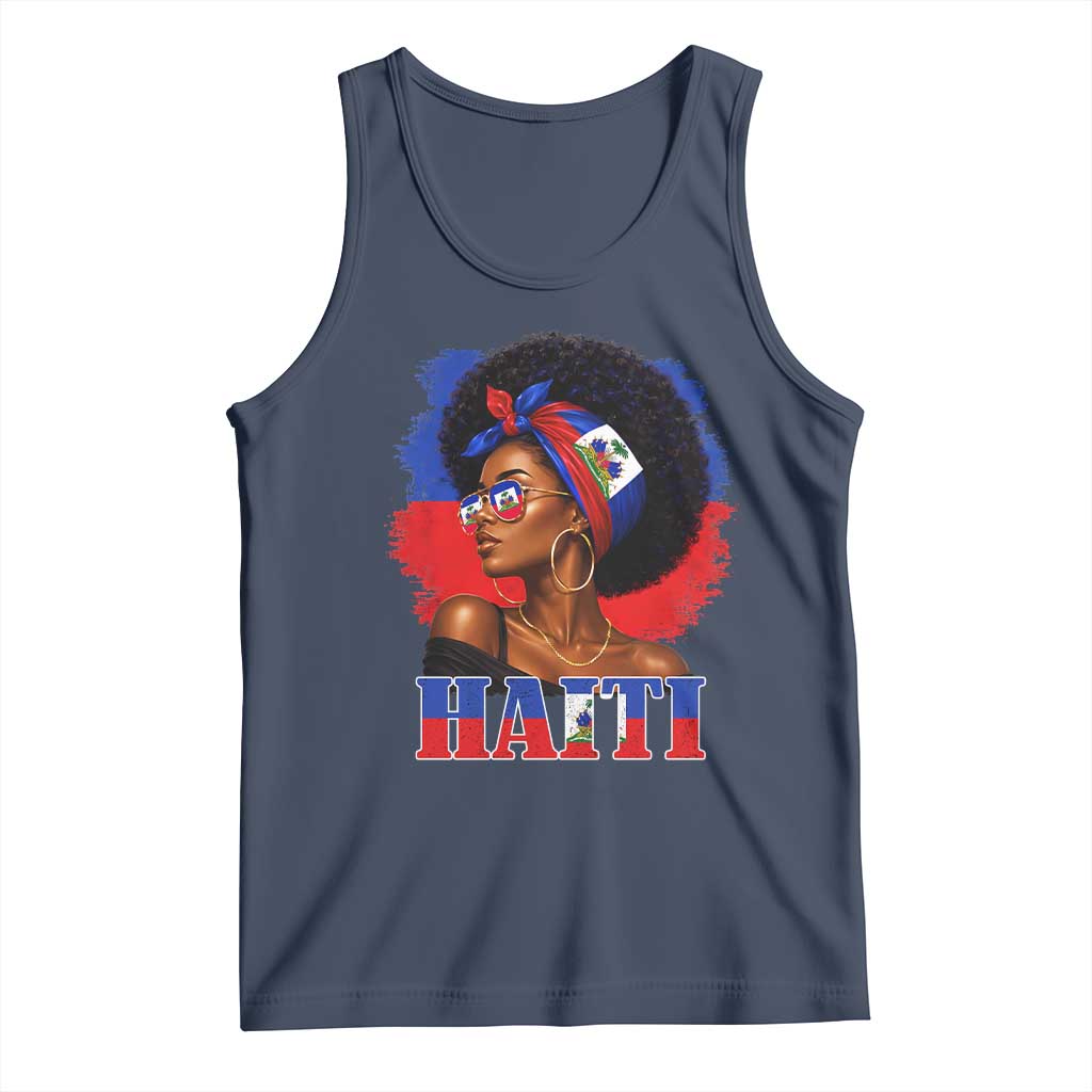 Haitian Queen Afro Melanin Graphic Tank Top Haiti Flag Heritage Pride TS02 Navy Print Your Wear