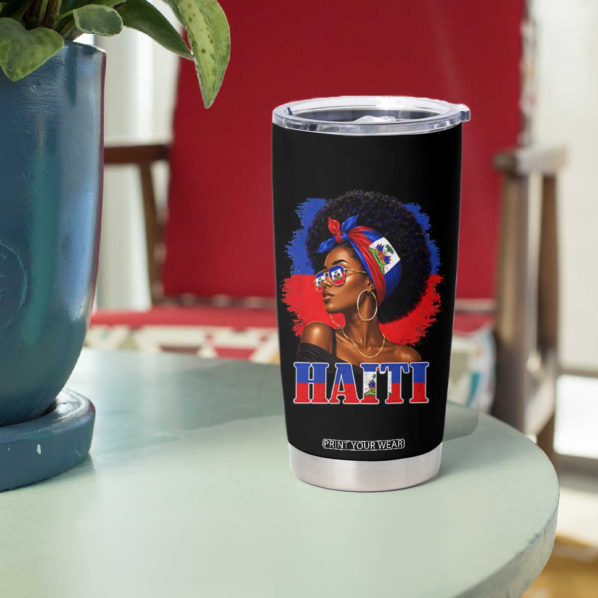 Haitian Queen Afro Melanin Graphic Tumbler Cup Haiti Flag Heritage Pride TS02 Print Your Wear