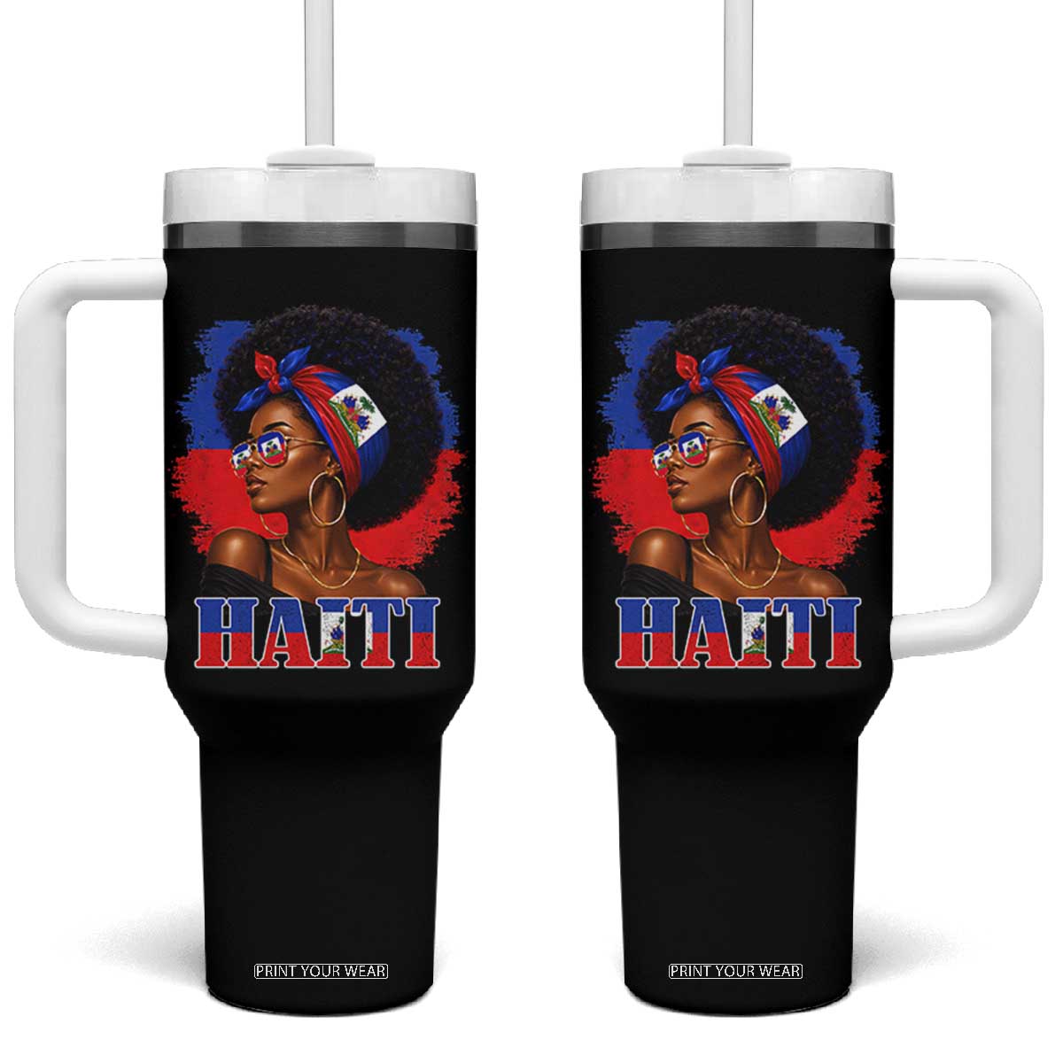 Haitian Queen Afro Melanin Graphic Tumbler With Handle Haiti Flag Heritage Pride TS02 One Size: 40 oz Black Print Your Wear