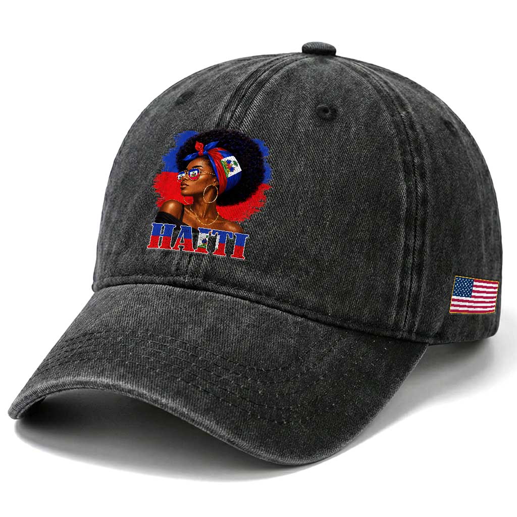 Haitian Queen Afro Melanin Graphic Washed Cotton Baseball Cap Haiti Flag Heritage Pride TS02 Print Your Wear