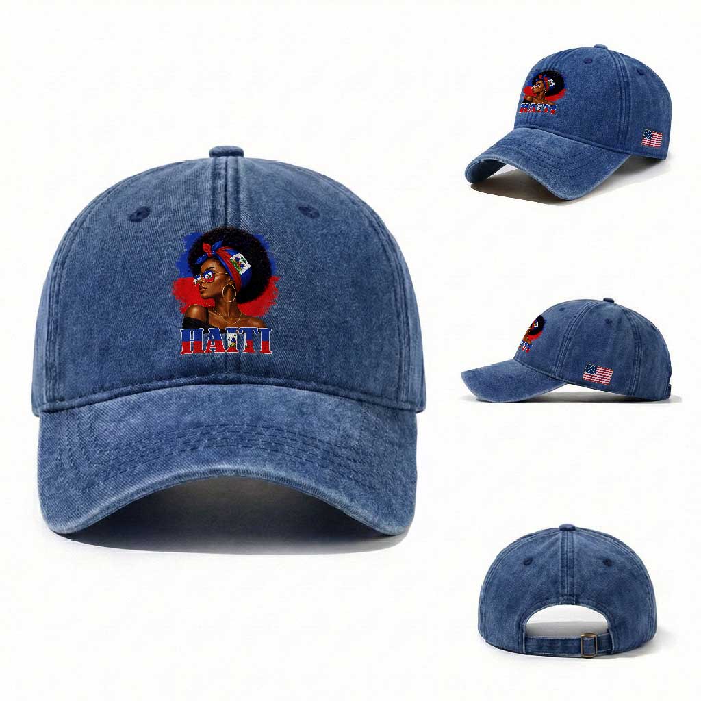 Haitian Queen Afro Melanin Graphic Washed Cotton Baseball Cap Haiti Flag Heritage Pride TS02 Washed Cap Universal Fit Royal Blue Print Your Wear