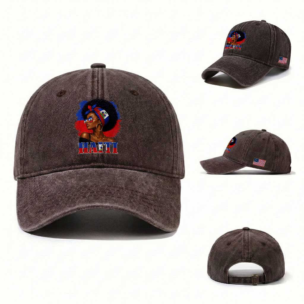 Haitian Queen Afro Melanin Graphic Washed Cotton Baseball Cap Haiti Flag Heritage Pride TS02 Washed Cap Universal Fit Dark Brown Print Your Wear