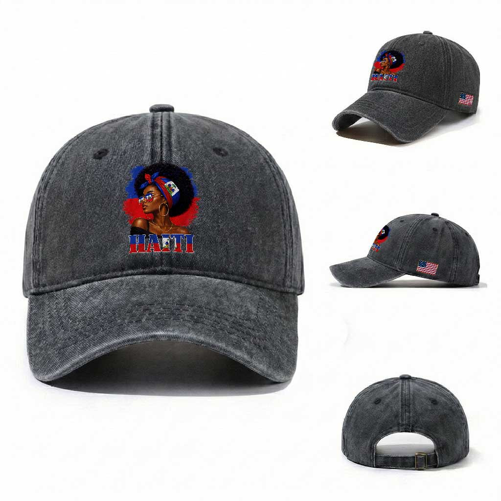 Haitian Queen Afro Melanin Graphic Washed Cotton Baseball Cap Haiti Flag Heritage Pride TS02 Washed Cap Universal Fit Dark Gray Print Your Wear