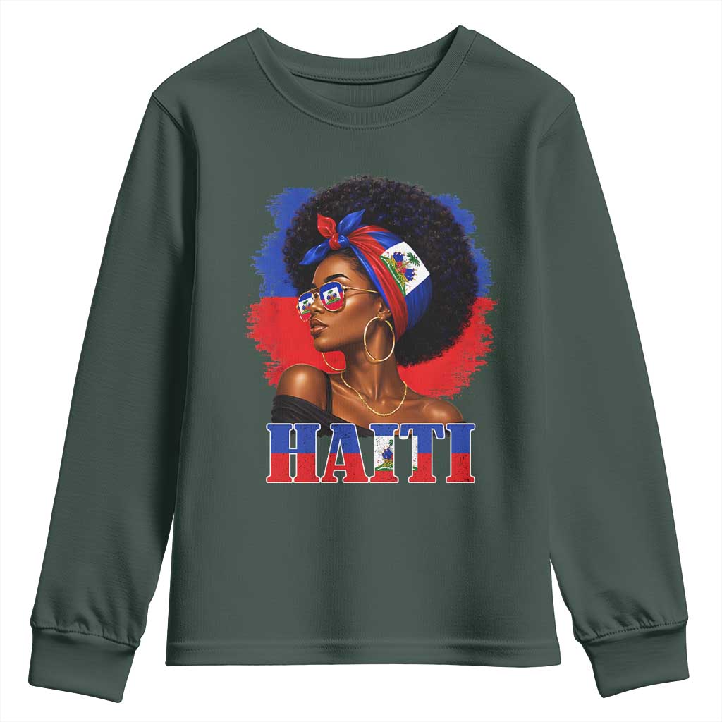 Haitian Queen Afro Melanin Graphic Youth Sweatshirt Haiti Flag Heritage Pride TS02 Dark Forest Green Print Your Wear