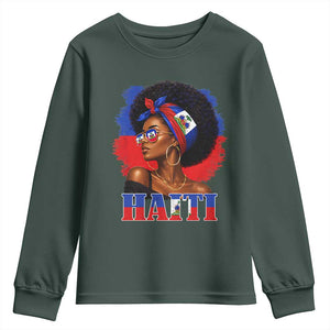 Haitian Queen Afro Melanin Graphic Youth Sweatshirt Haiti Flag Heritage Pride TS02 Dark Forest Green Print Your Wear