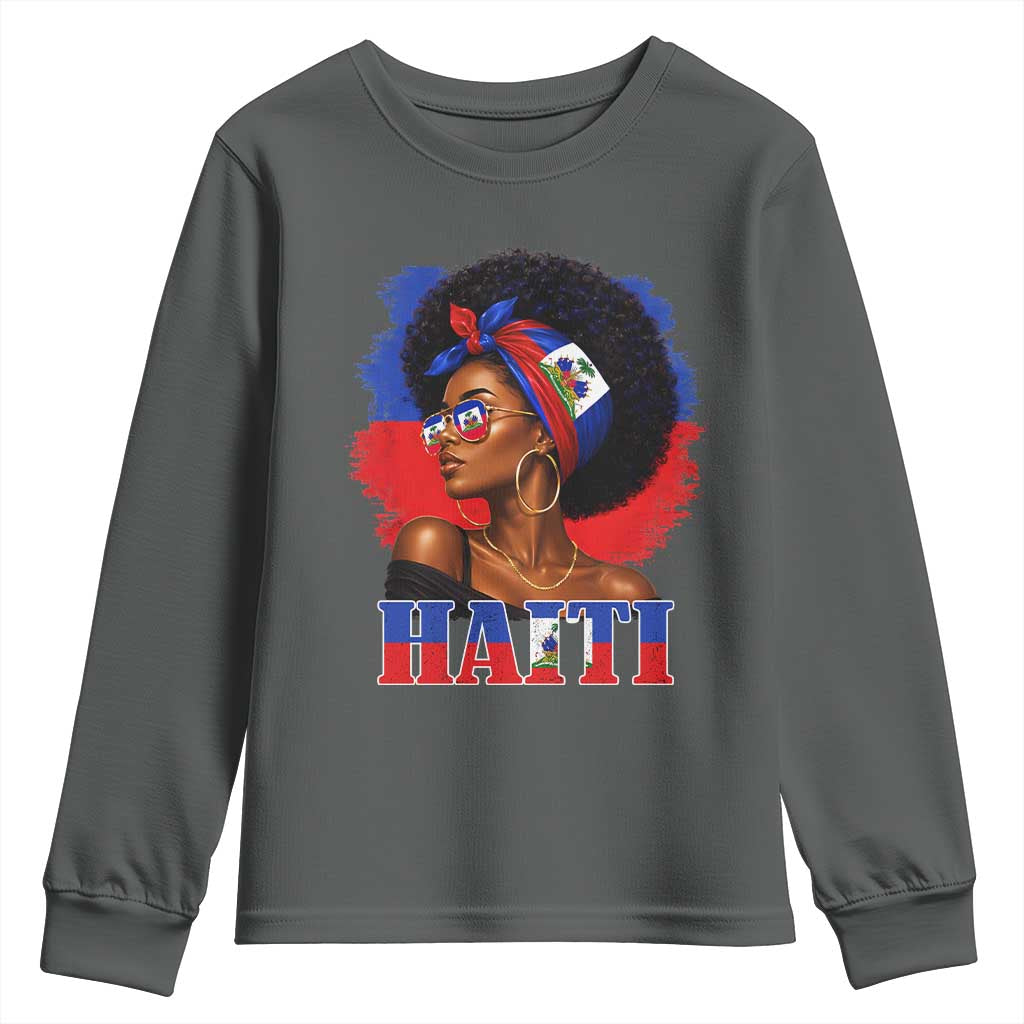 Haitian Queen Afro Melanin Graphic Youth Sweatshirt Haiti Flag Heritage Pride TS02 Dark Heather Print Your Wear