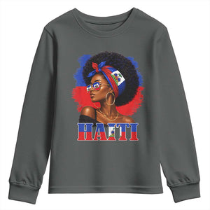 Haitian Queen Afro Melanin Graphic Youth Sweatshirt Haiti Flag Heritage Pride TS02 Dark Heather Print Your Wear