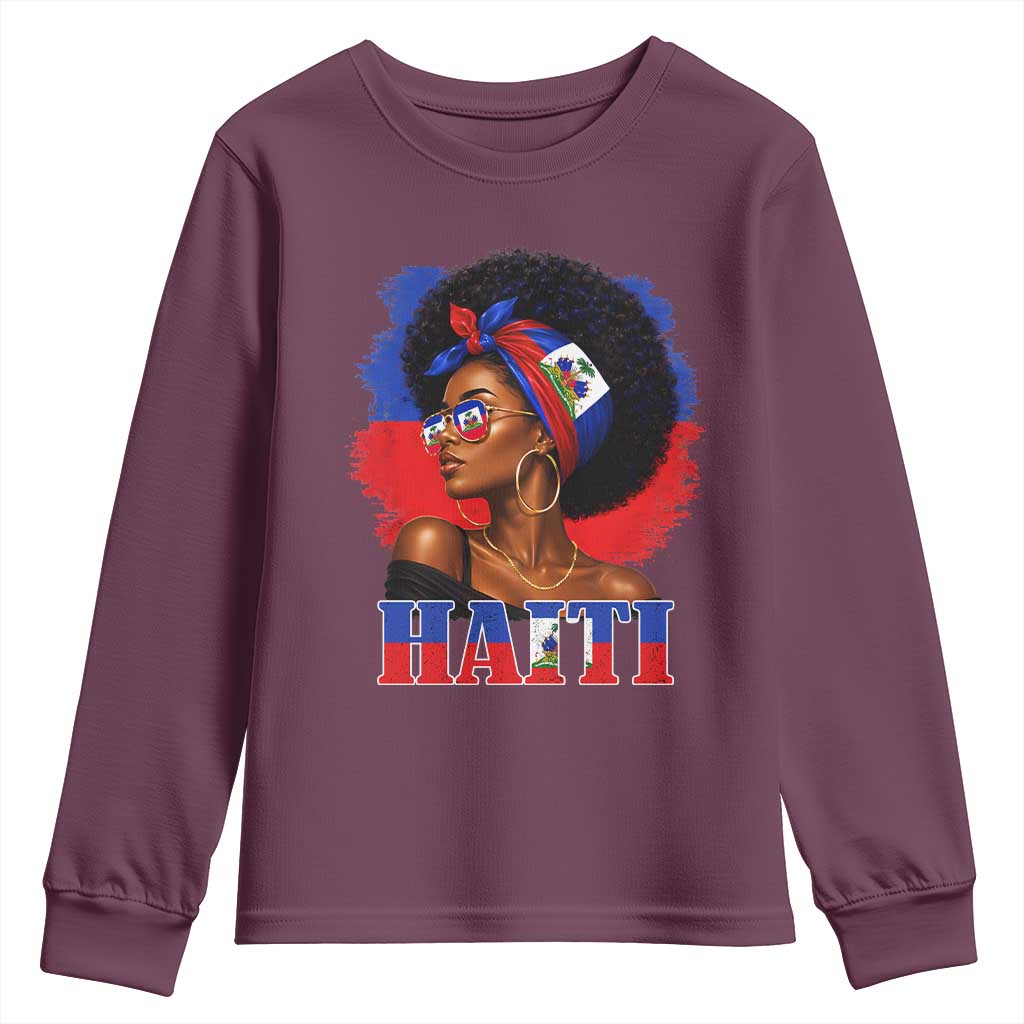Haitian Queen Afro Melanin Graphic Youth Sweatshirt Haiti Flag Heritage Pride TS02 Maroon Print Your Wear