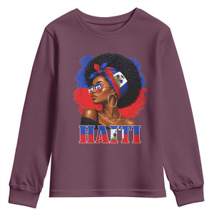 Haitian Queen Afro Melanin Graphic Youth Sweatshirt Haiti Flag Heritage Pride TS02 Maroon Print Your Wear
