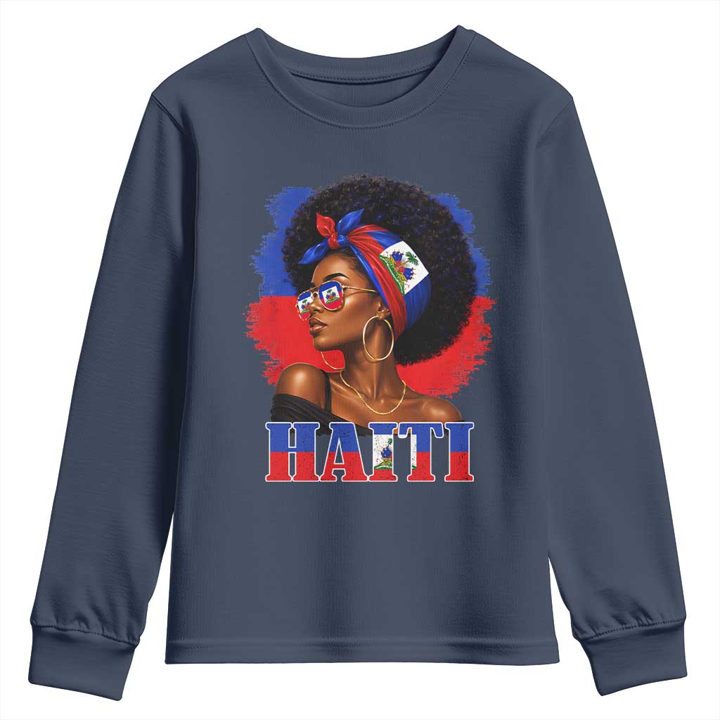 Haitian Queen Afro Melanin Graphic Youth Sweatshirt Haiti Flag Heritage Pride TS02 Navy Print Your Wear