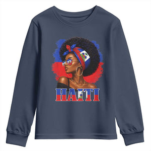 Haitian Queen Afro Melanin Graphic Youth Sweatshirt Haiti Flag Heritage Pride TS02 Navy Print Your Wear