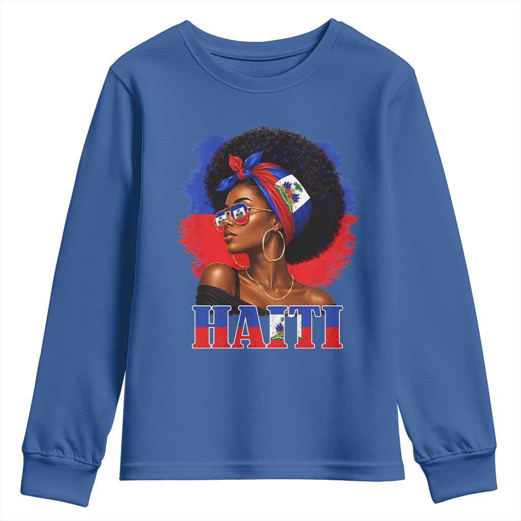 Haitian Queen Afro Melanin Graphic Youth Sweatshirt Haiti Flag Heritage Pride TS02 Royal Blue Print Your Wear