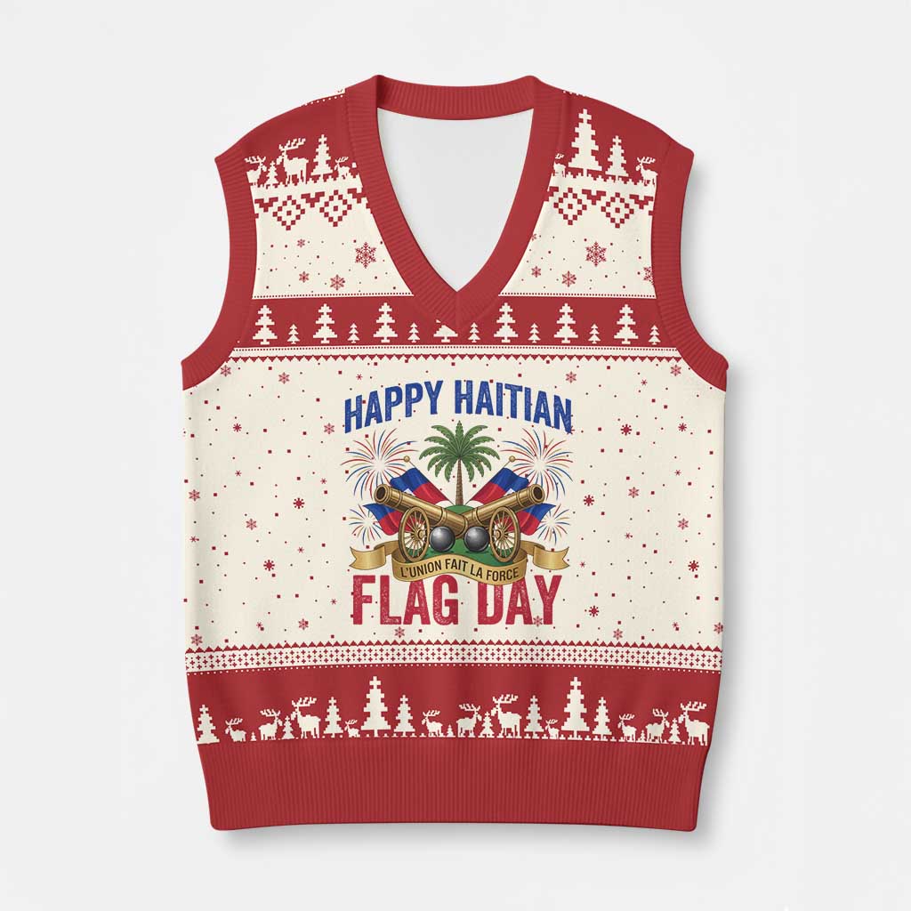 Happy Haitian Flag Day Celebration Graphic V-Neck Knit Sweater Vest May 18 National Pride Haiti Heritage TS02 Beige Red Print Your Wear