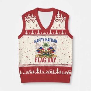 Happy Haitian Flag Day Celebration Graphic V-Neck Knit Sweater Vest May 18 National Pride Haiti Heritage TS02 Beige Red Print Your Wear