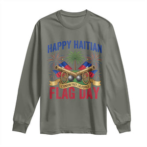 Happy Haitian Flag Day Celebration Graphic Long Sleeve Shirt May 18 National Pride Haiti Heritage TS02 Military Green Print Your Wear