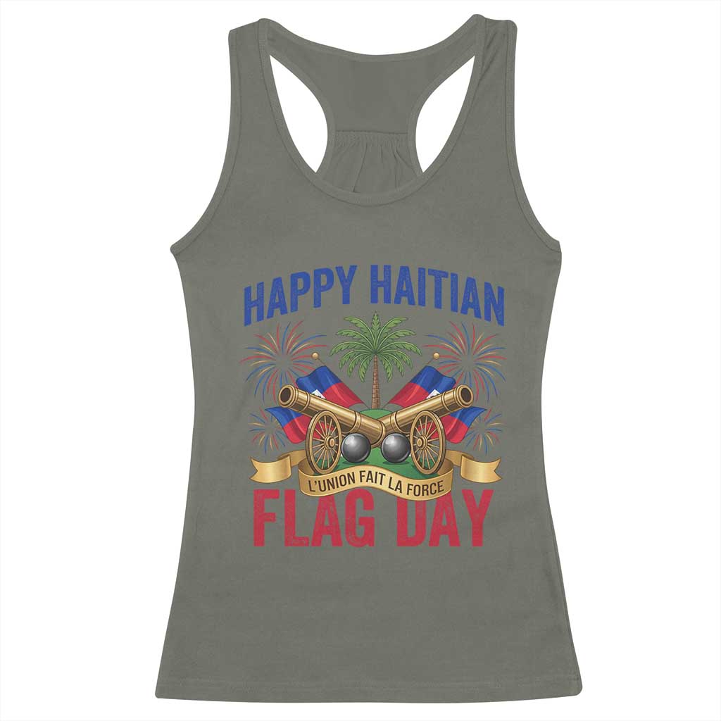Happy Haitian Flag Day Celebration Graphic Racerback Tank Top May 18 National Pride Haiti Heritage TS02 Military Green Print Your Wear
