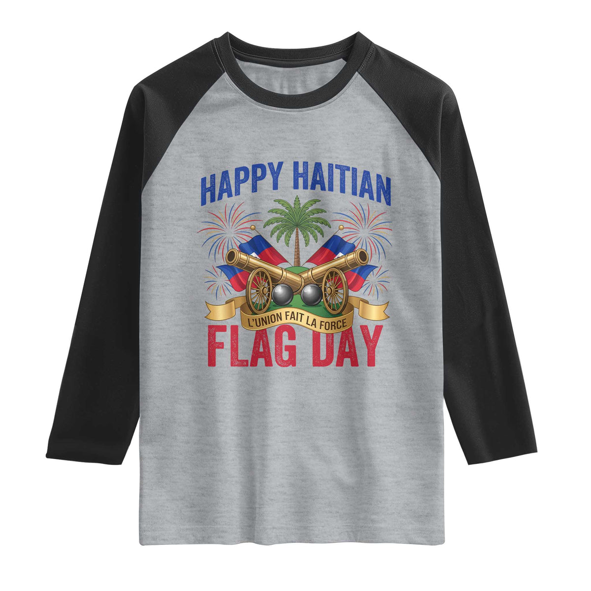 Happy Haitian Flag Day Celebration Graphic Raglan Shirt May 18 National Pride Haiti Heritage TS02 Heather Gray Black Print Your Wear