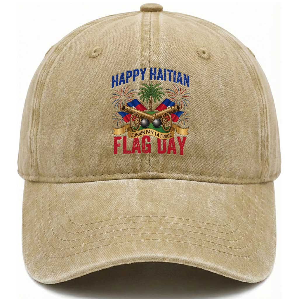 Happy Haitian Flag Day Celebration Graphic Washed Cotton Baseball Cap May 18 National Pride Haiti Heritage TS02 Print Your Wear