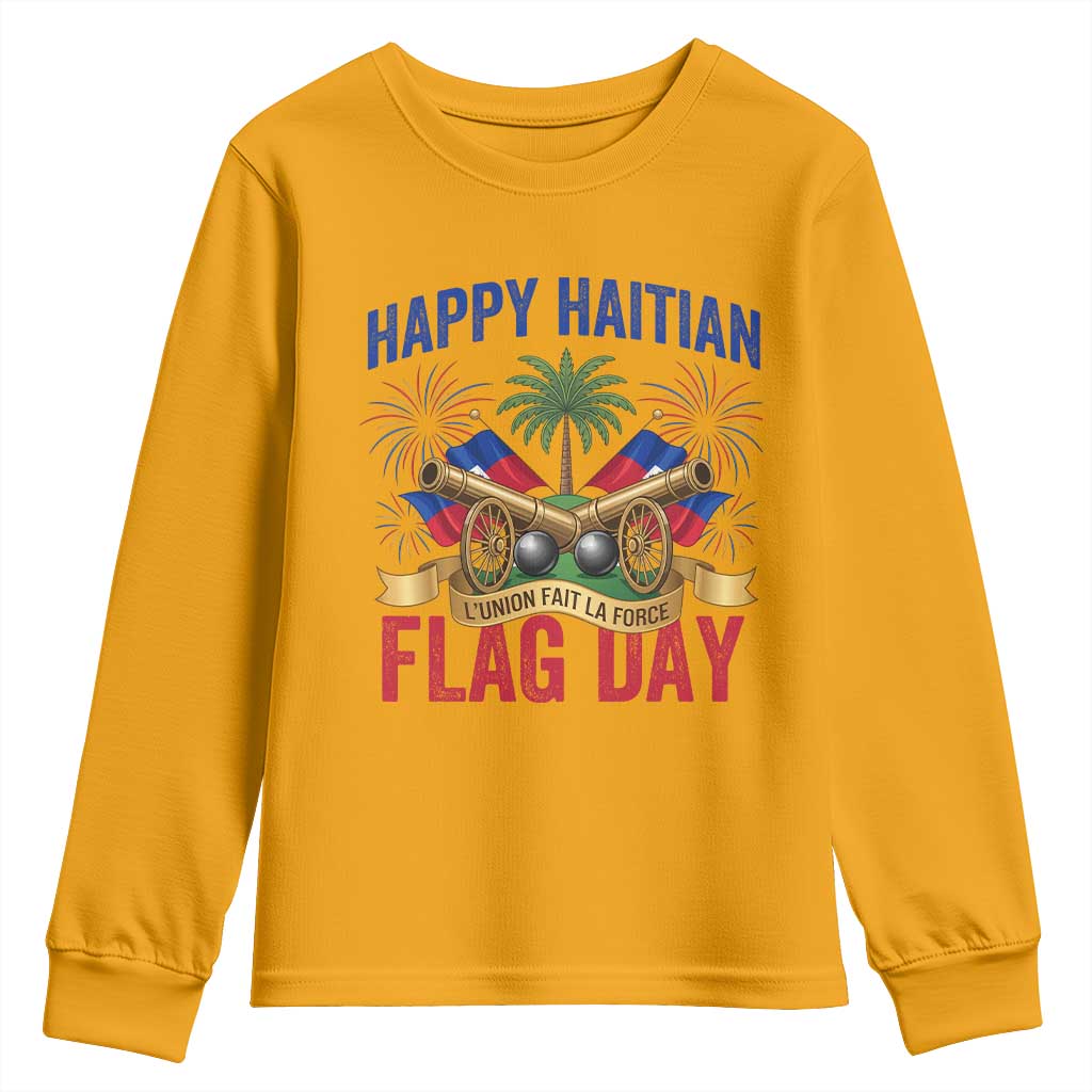 Happy Haitian Flag Day Celebration Graphic Youth Sweatshirt May 18 National Pride Haiti Heritage TS02 Gold Print Your Wear