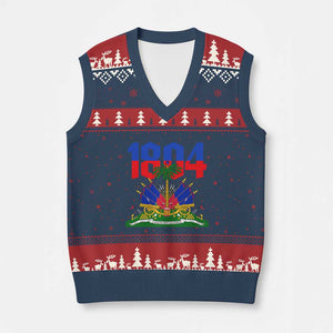 Haiti 1804 Independence Year Graphic V-Neck Knit Sweater Vest Haitian Pride Coat of Arms National Heritage TS02 Navy Red Print Your Wear
