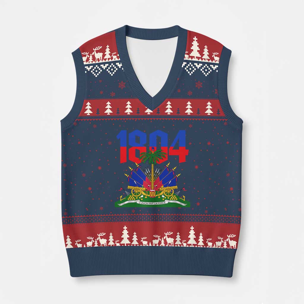 Haiti 1804 Independence Year Graphic V-Neck Knit Sweater Vest Haitian Pride Coat of Arms National Heritage TS02 Navy Red Print Your Wear