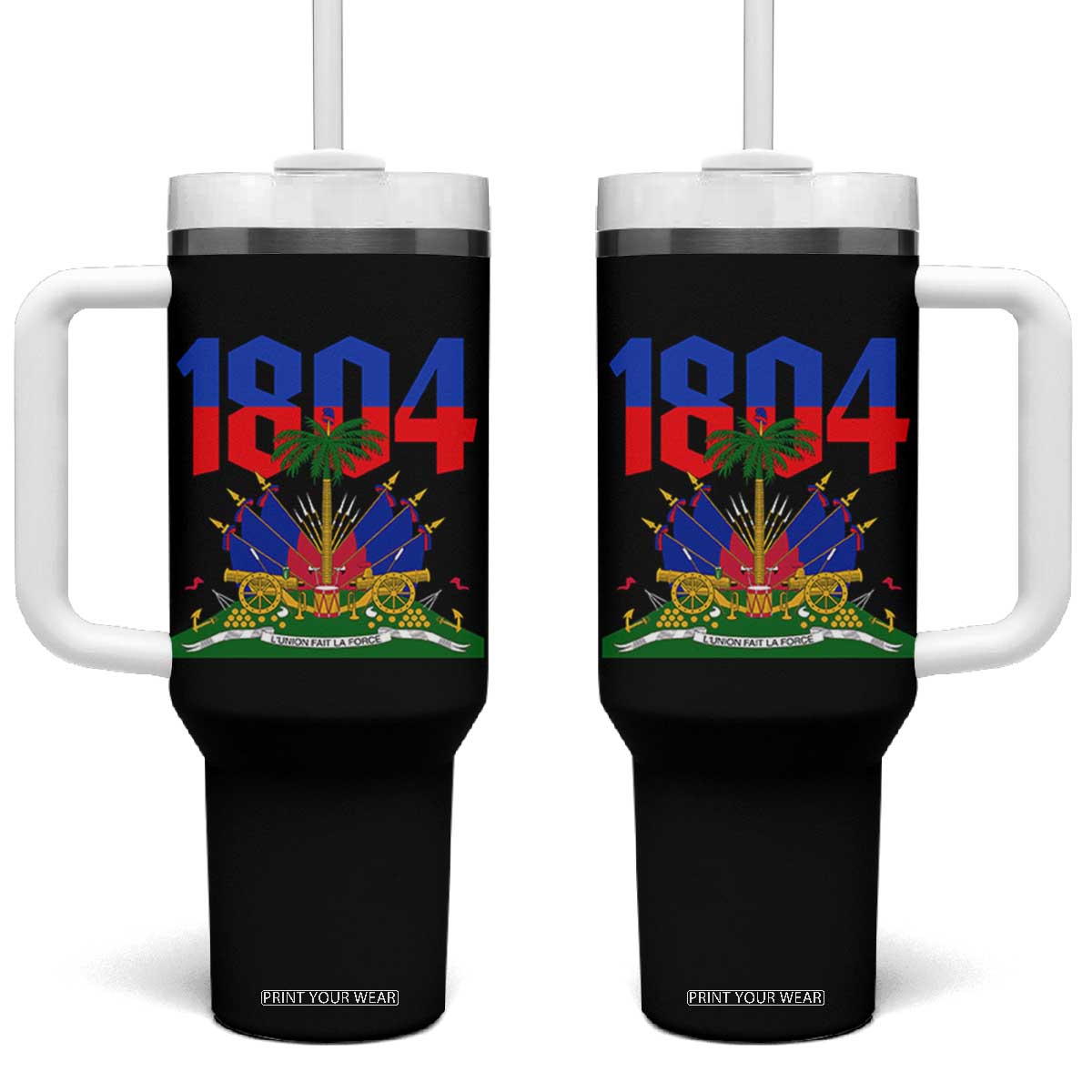 Haiti 1804 Independence Year Graphic Tumbler With Handle Haitian Pride Coat of Arms National Heritage TS02 One Size: 40 oz Black Print Your Wear