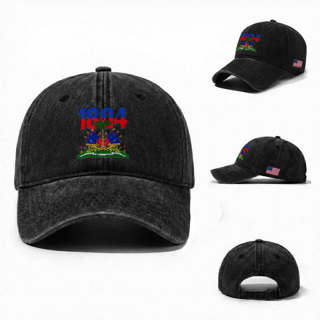 Haiti 1804 Independence Year Graphic Washed Cotton Baseball Cap Haitian Pride Coat of Arms National Heritage TS02 Washed Cap Universal Fit Black Print Your Wear