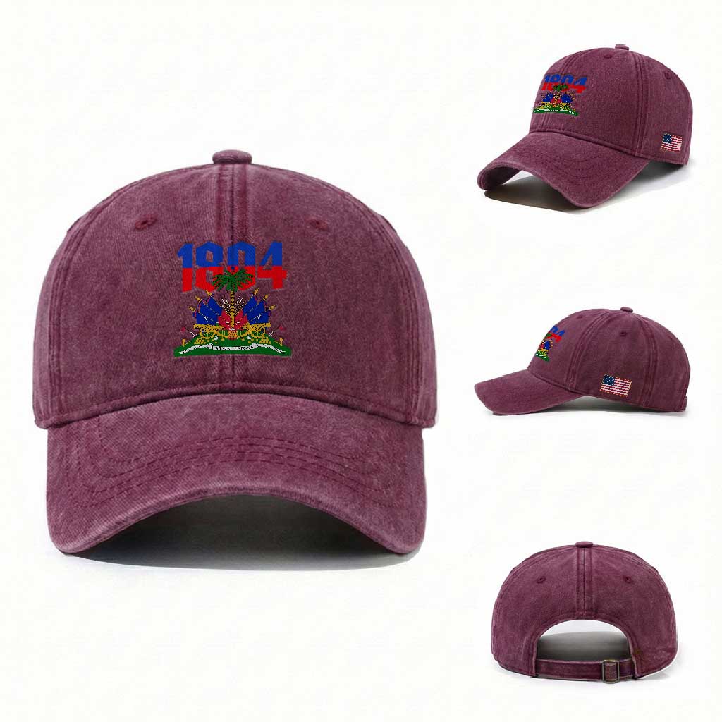 Haiti 1804 Independence Year Graphic Washed Cotton Baseball Cap Haitian Pride Coat of Arms National Heritage TS02 Washed Cap Universal Fit Burgundy Print Your Wear